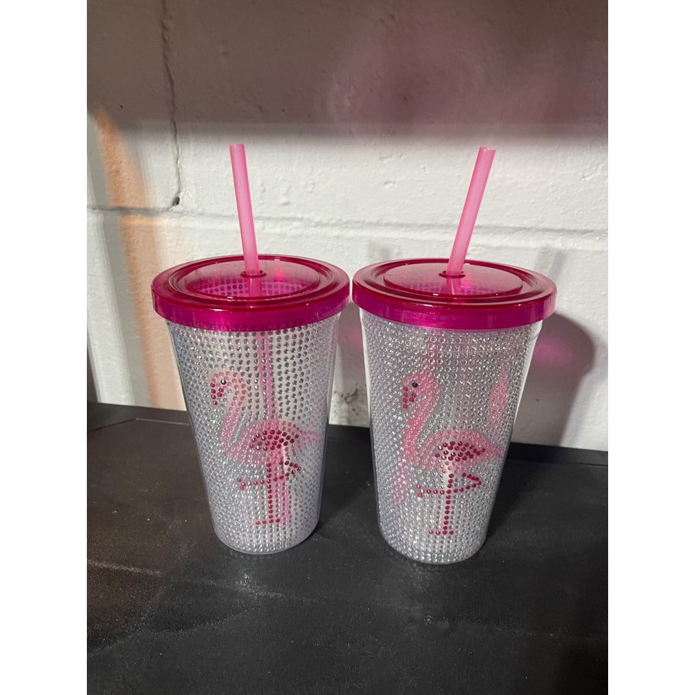 Pink Flamingo Rhineston Tumbler Set